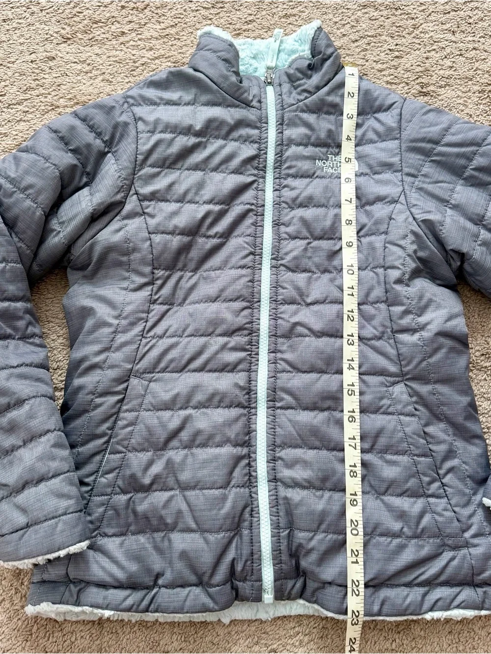 The North Face Kids Sz 10/12 Reversible Jacket Gray Green Puffer Fleece Coat